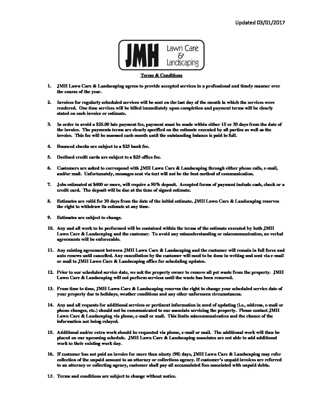 Terms And Conditions JMH Lawn Care Landscaping